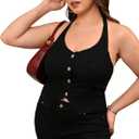 OYOANGLE Women's Plus Size Denim Top Button Front Halter Sleeveless Ruched Jean Vest Tank Concert Outfits 3XL Plus 
