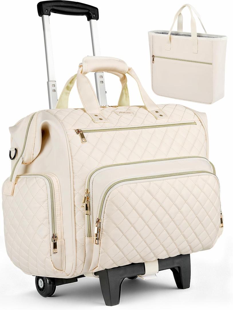 Rolling Teacher Bag, 16 Inch Rolling Laptop Bag with Detachable Dolly & Teacher File Tote, Large Roller Briefcase for Teaching Office Work, Women, Craft Nurse,Beige