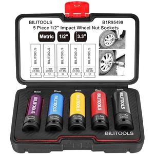 BILITOOLS 1/2 inch Drive Impact Lug Nut Socket Set, 15 17 19 21 22 MM Non-Marring Thin Wall Wheel Protector Nut Socket