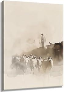 Jesus leaving 99 sheep Canvas Wall Art Jesus and Lamb Wall Decor Picture Good Shepherd Poster Print Bible Story Painting Artwork for Bedroom Home Room Decoration Prepare To Hang 16x24in