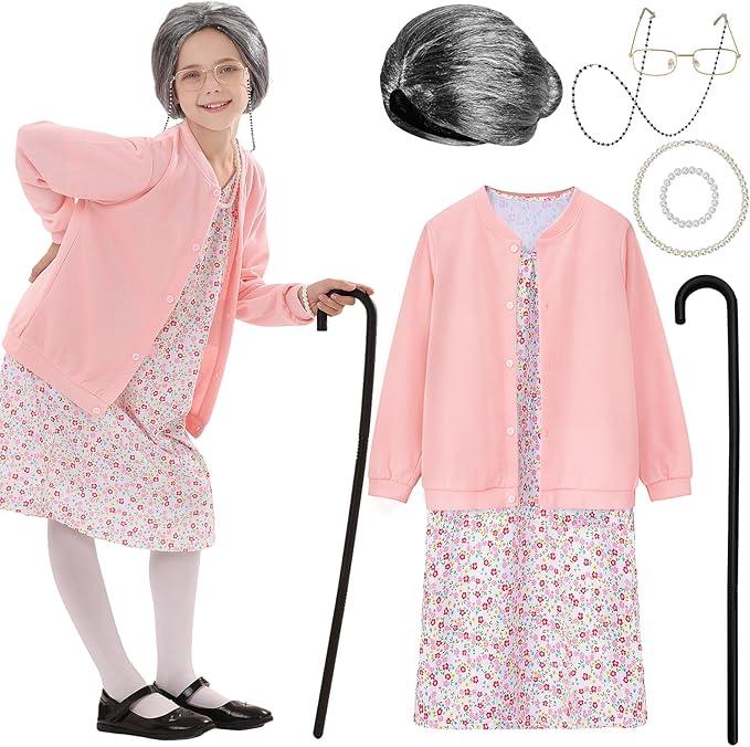VICAMB Old Lady Costume,100 Days of School Costume for Grandma Outfit Nightgown Wig & Accessories 5-7Y