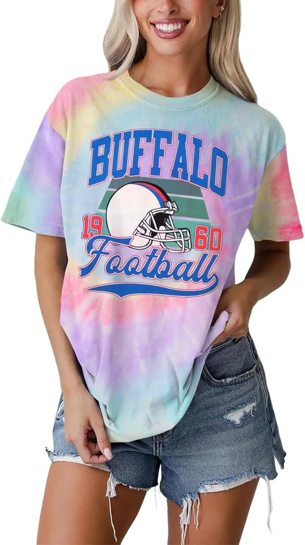 IZYJOY Football Shirt for Women Tie Dye Football Team Fans T-Shirt Vintage Game Day Tee Sports Short Sleeve Top (Small, Pink Yellow-100)