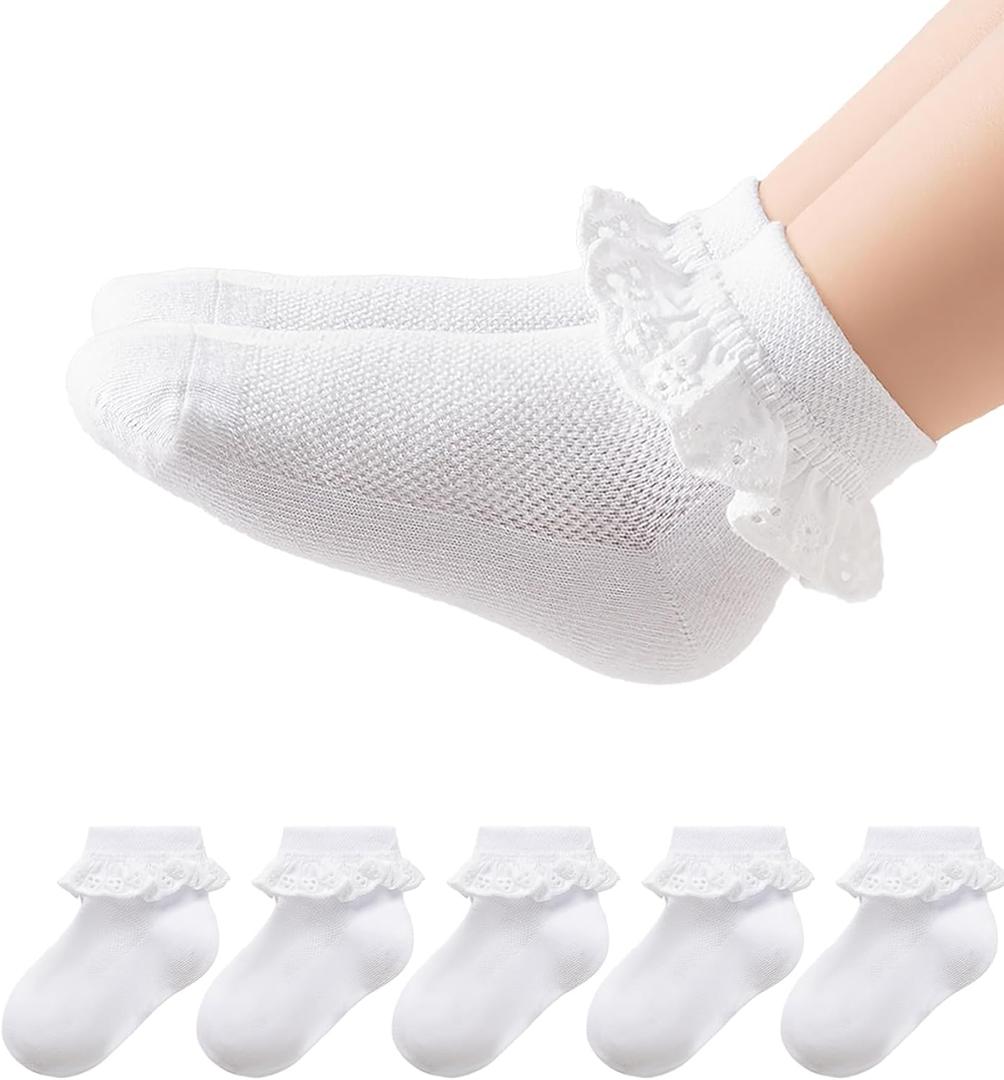 Funjoon 2-8Y Girls Toddler Little Girls White Ruffle Socks Dress Lace Frilly Cute Ankle Cotton School Socks