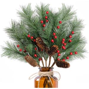 Sggvecsy 5 Pack Christmas Berries Pine Picks Artificial Red Berry Pine Branches Long Faux Pine Stem with Pinecones for Xmas Tree Wreath DIY Craft Floral Arrangement Holiday Season Decor