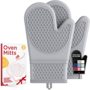 Kitsure Silicone Oven Mitts, Set of 2, Heat Resistant, Oven Gloves with Soft Lining, Non-Slip Kitchen Essentials, Kitchen Gadgets, Apartment Essentials, Great Gift for Cooking, Baking, 11.42"x7.09", Gray