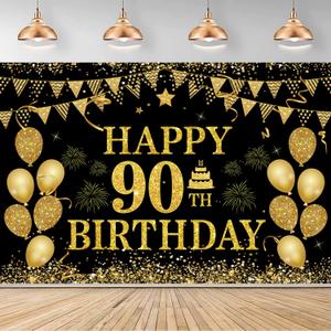 90th Birthday Decorations for Women Men - Happy 90th Birthday Banner Decorations Black Gold Welcome Background Sign for Cheers 90 Years Birthday Party Supplies Decor Indoor Outdoor (72 x 44 inch) ﻿