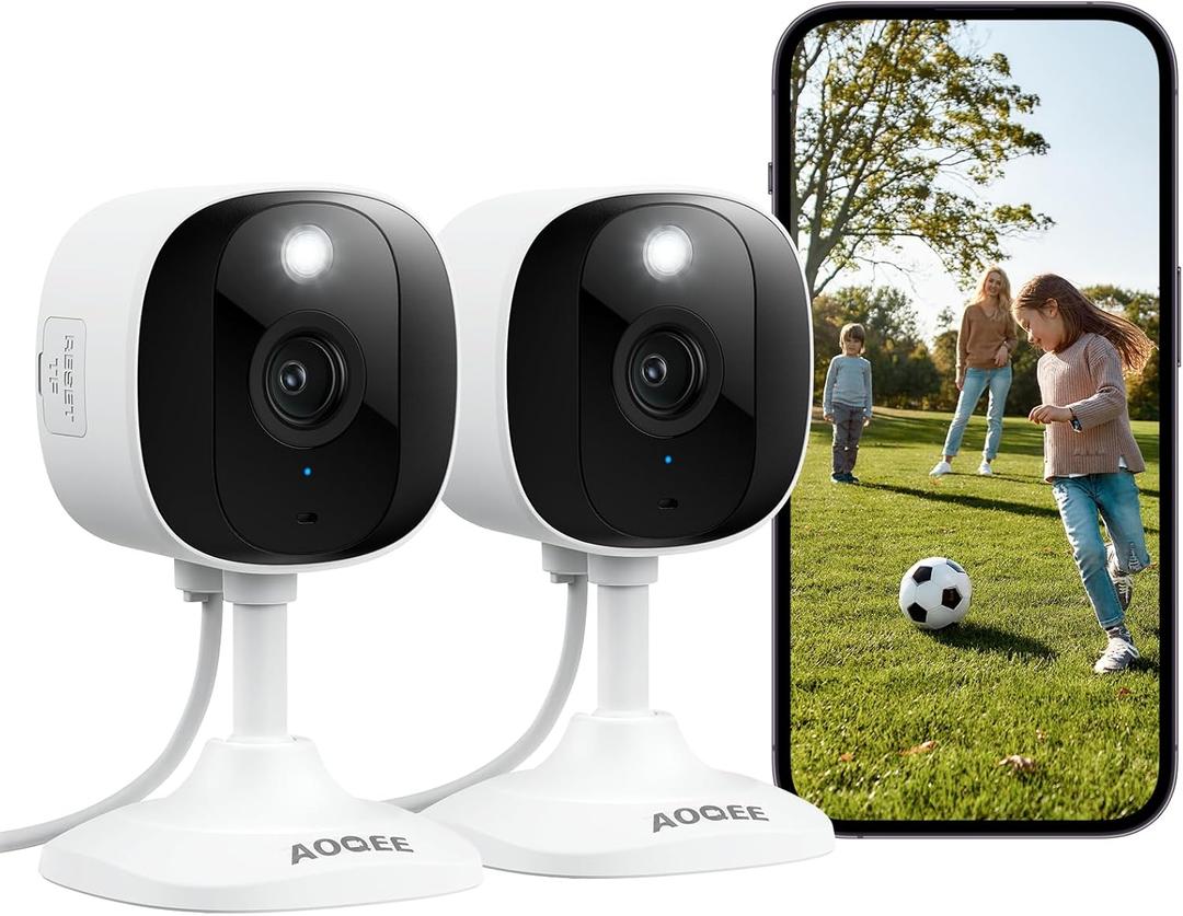 AOQEE 2K Cameras for Home Security-Outdoor/Indoor Camera for Dog/Cat/Pet/Nanny/Baby/Elderly, Color Night Vision, White Light, Siren, 24/7 SD Recordings, Works with Alexa, Plug in (White-2Pack-2.4G)