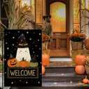 Halloween Garden Flag With Cute Friendly Ghost And Three Pumpkins Outdoor Yard Decor 12x18 Inch Double Sided Seasonal Fall Flags For Front Porch Lawn Decor Welcome Spooky Holiday Decoration