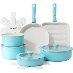 SENSARTE 17 Piece Ceramic Pots and Pans Set, Nonstick Detachable Handle Cookware, Induction Kitchen Cookware Set with Removable Handle, Dishwasher  Oven Safe (Turquoise)