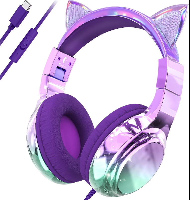 Kids Headphones Wired with Mic, 85/94dB Safe Volume Limit, Foldable Over Ear, Tangle-Free Cord & Sharing Port, Wired On-Ear Headset for School, Chromebook, Tablet, Travel - Boys & Girls