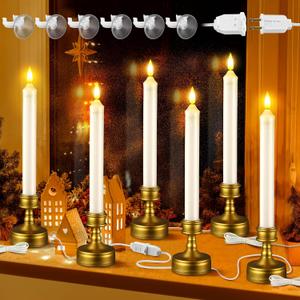 Enhon 6 Pack Plug in Electric Window Candles with Connectable Plug and Suction Cups, 110V Electric Flameless Candle with On/Off Switch, Christmas Candle for Holiday Window Decor
