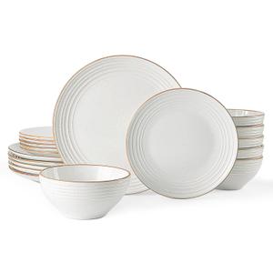 Famiware Jupiter 18-Piece Stoneware Dinnerware Sets for 6 Handcrafted Plates and Bowls with Speckles & Embossed Swirls, Chip & Scratch Resistant, Modern Rustic Dishes for Daily & Formal Use, White