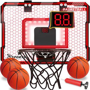 NEUBSAW Basketball Hoop Indoor with LED Lights, Basketball Toys Gifts for 5 6 7 8 9 10+ Year Old Boys Kids, Indoor Over The Door Mini Basketball Hoops with Electronic Scoreboard & 3 Balls (Red)