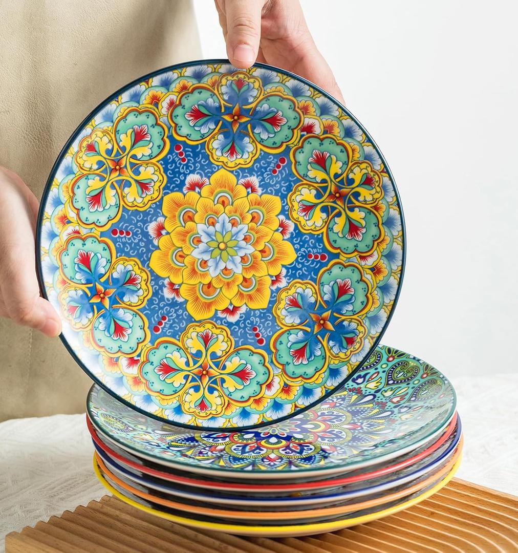 Ceramic Dinner Plates, 8.5 Inch Small Salad Dessert Plate Set of 6, Colorful Bohemian Plates for Appetizers, Snacks, Fruit, Small Plate Set for Kitchen & Restaurant, Microwave, Oven and Dishware Safe