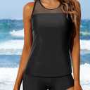 Yonique Tankini Swimsuits for Women with Shorts Athletic Two Piece Bathing Suits Racerback Tank Tops Swimwear (Black, M)
