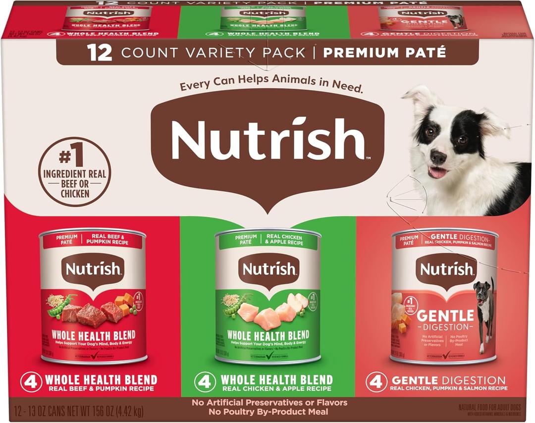 Nutrish Paté Variety Pack Wet Dog Food, 13 oz. Can, 12 Pack (Rachael Ray)
Includes 3 Flavors of Real Beef & Pumpkin, Real Chicken & Apple, and Gentle Digestion with Real Chicken, Pumpkin & Salmon