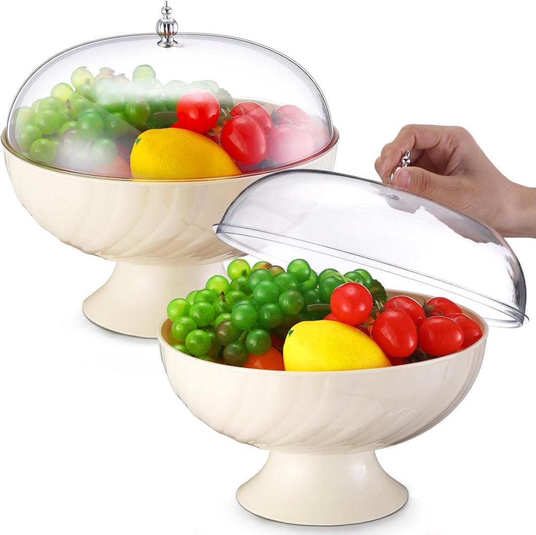 2 Pcs Fruit Bowl with Lid for Kitchen 9.65 Inch Fruit Basket with Draining Holes and Removable Pedestal Fruits Holder for Dining Table Decorations Counter Food Vegetable Storage Accessories (White)