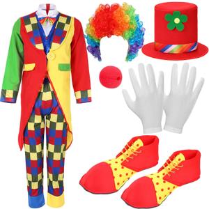 Yahenda 7 Pcs Clown Costume Set Halloween Cosplay Clown Red Nose Wig Shoes Hat Accessories Circus Carnival Party (Large)