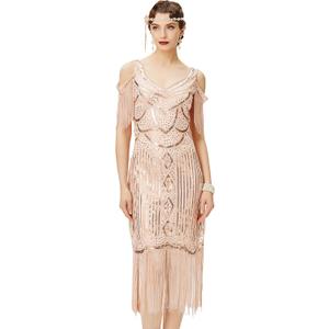 BABEYOND Womens 1920s Flapper Dress Vintage Long Fringe Dress Roaring 20s Sequins Beaded Dress (XX-Large, Rosegold)