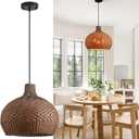 Brown Rattan Pendant Lights,15.8" Boho Chandelier Dining Room Light Fixture 3-Lights Wicker Hanging Ceiling Lighting for Kitchen Island Restaurant Bedroom Foyer Entryway Breakfast Nook (H006)