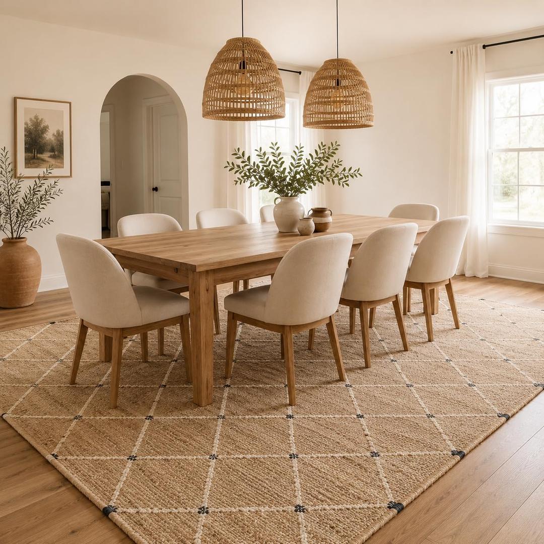 FRELISH DECOR Hand Woven Jute Area Rug 8'x10'- Geometric Design (Natural)