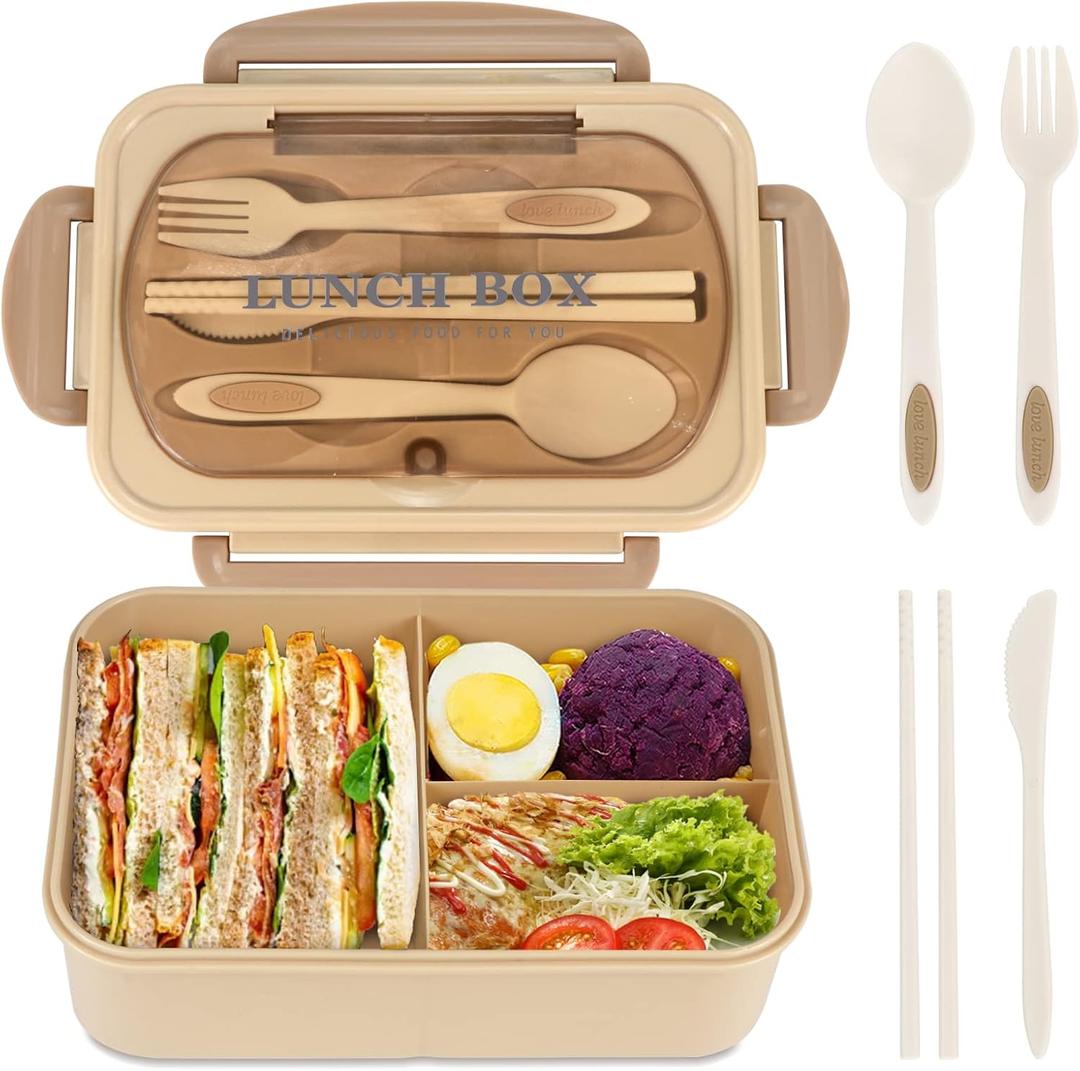 Bento Box for Adults, 1200 ML Lunch Containers, Leak-Proof Lunch Box with Utensils, BPA Free, 3 Compartment Bento Box, Microwave Safe, Khaki