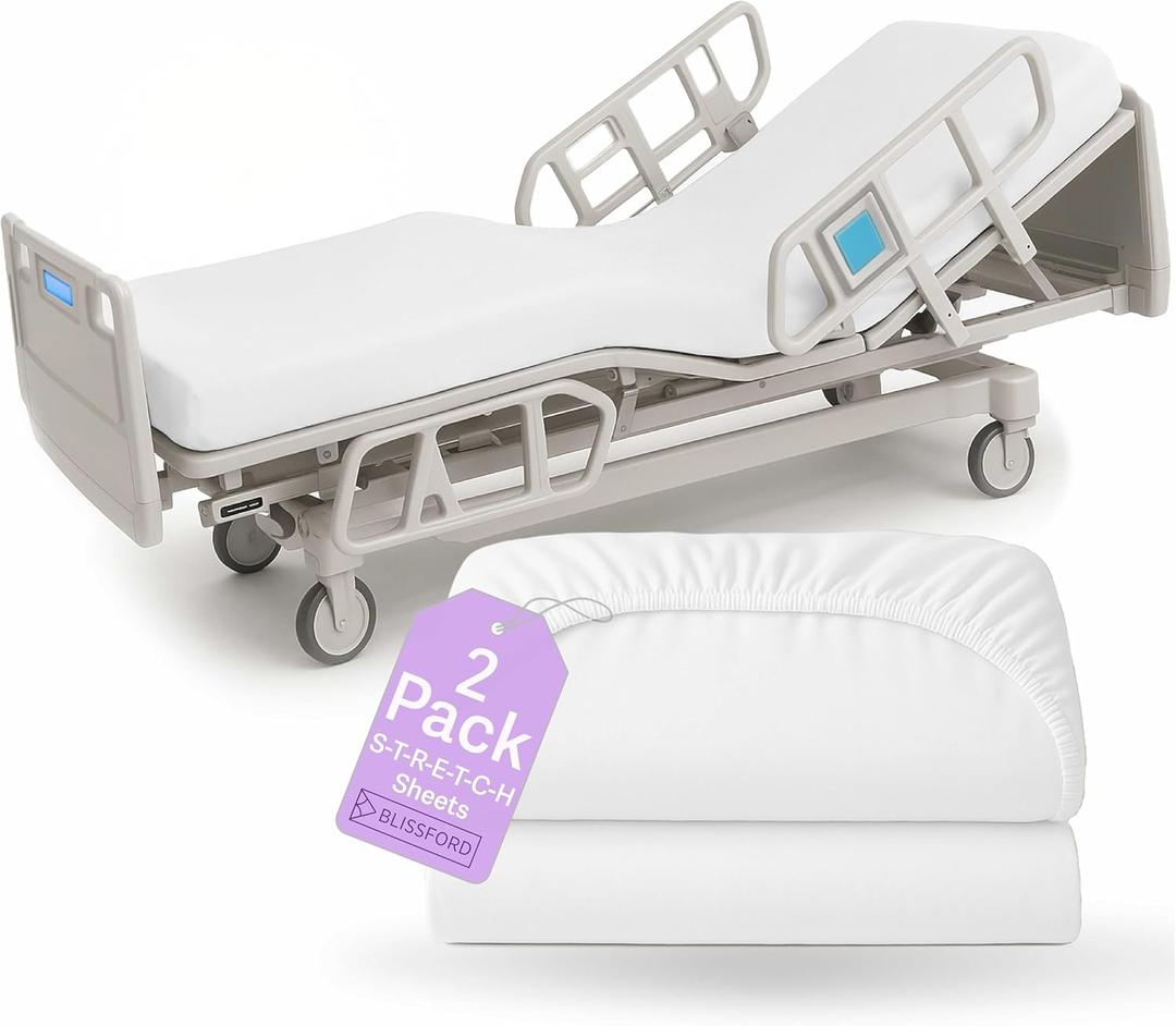 2 Pack Fitted Hospital Bed Sheets with Elastic All Around for a Perfect Fit - Cotton Rich Soft Knitted Jersey Sheet, 36 x 84 x 12