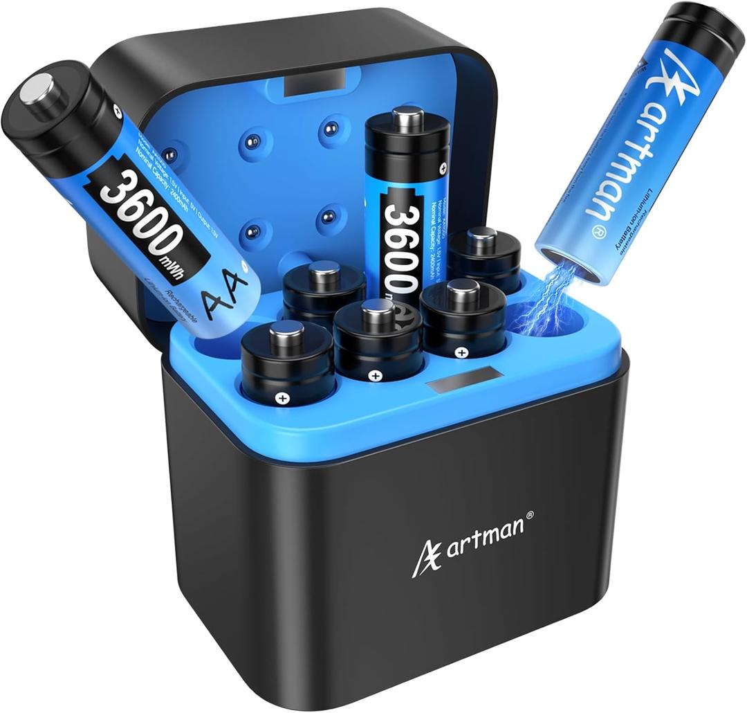 A Artman 8 Pack 3600mWh Rechargeable Lithium AA Batteries with Charger for Blink Outdoor Camera, 1.5V Constant Output Double A Battery Rechargeable, 2000 Cycle Charging Time (Blue)