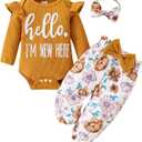 Baby Girl Clothes,Newborn Girl Outfit Long Sleeve Ruffle Romper Floral Long Pants Headband 3 PCS Fall Winter Clothing (0-3 Months, Brown)
