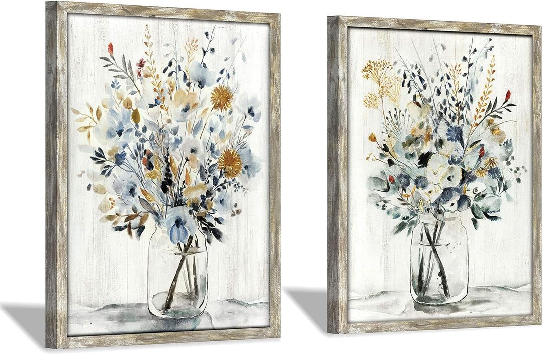 Floral Picture Wall Art Painting: Blossom Bouquet Flowers Prints on Rustic Wood and Handcrafted Wooden Framed Artwork for Home and Bedroom (12 x 16 x 2pcs)