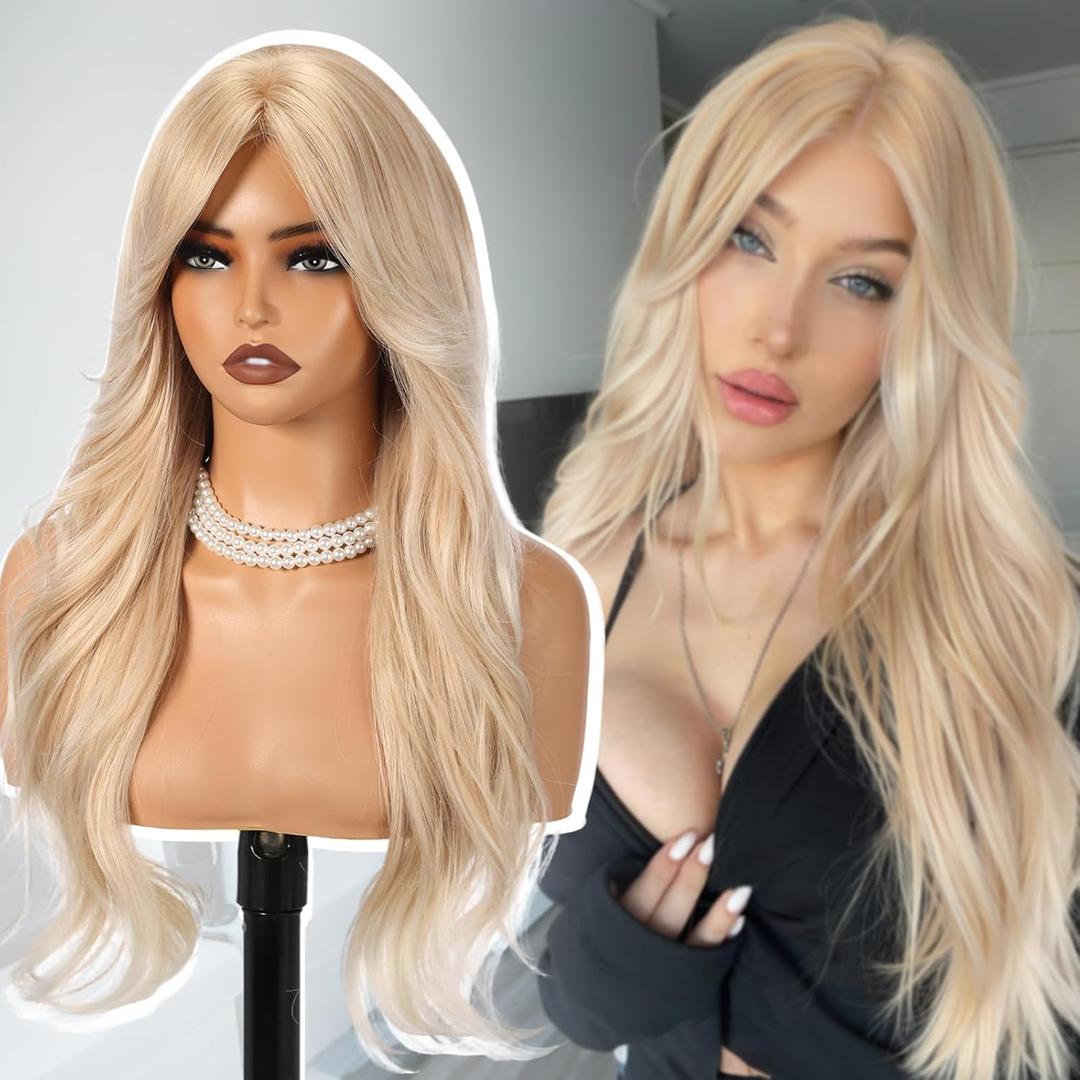 Blonde Wigs with Bangs,Blonde Long Layered Wavy Wig for Women,Synthetic Hair Wig for Party Daily Use 26IN