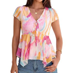 Simplee Womens Summer Babydoll Tops Floral Dressy Short Sleeve Peplum Top Casual Flowy V Neck Beach Shirts 2026 (Medium, Orange Pink Floral)