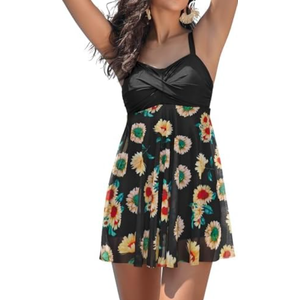 SHEKINI Women's Twist Front One Piece Swimsuit Dress Net Yarn Printing Bathing Suit (Black Floral Printing)