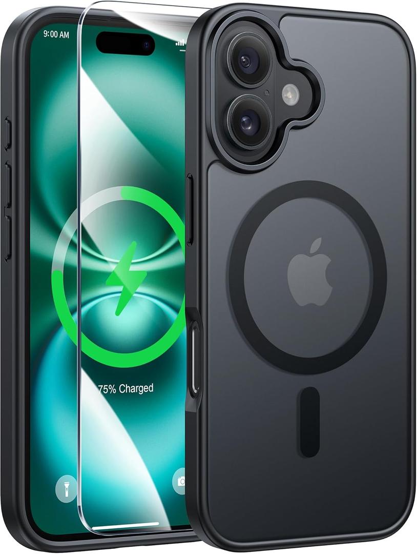 FNTCASE for iPhone 16 Plus Case [Compatible with Magsafe] Translucent Matte Cases with [Screen Protector] Military Grade Shockproof Protective Phone Cover - Black