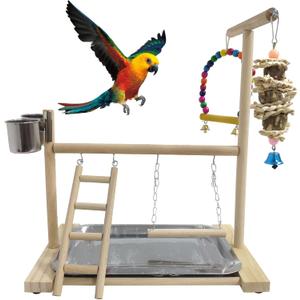 Hamiledyi Bird Playground Parrots Play Stand Natural Wooden Parrot Perch Gym Playpen Pet Parakeet Ladders with Feeder Cups for Cockatoo Conure Cockatiel Cage Accessories Exercise Toy (Include a Tray)