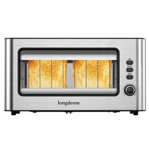 Clear View Toaster, LONGDEEM 1.75" Wide Slot, 10.2" Extra Long Slot Glass Toasters Stainless Steel 2 Slice with 6 Browning Control for Bagel, Defrost & Auto Shut Off with Removable Crumb Tray, Silver