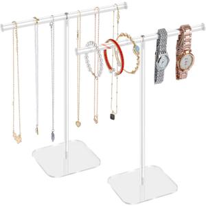 Jewelry Stand Necklace Stand 2 Tower, Clear Necklace Holder Jewelry Holder, Acrylic Jewelry Organizer, Bracelet Hanging Organizer, Display Stand for Bangles, Rings, Earrings and Watch