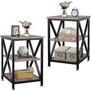 End Tables Living Room Set of 2, 16" D x 16" W x 24" H, Indoor Side Tables Living Room with Storage Shelf, Square End Table Set of 2, X-Shaped Night Stands for Bedroom, Farmhouse Wood End Tables, Grey