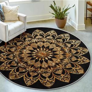 Black Gold Floral Washable Round Rug 4' Diameter Boho Chic Mandala Non-Slip Area Rug Farmhouse Flower Circle Rug Retro Floor Carpet Mat for Entryway Bedrooms Living Room Corridor Playroom