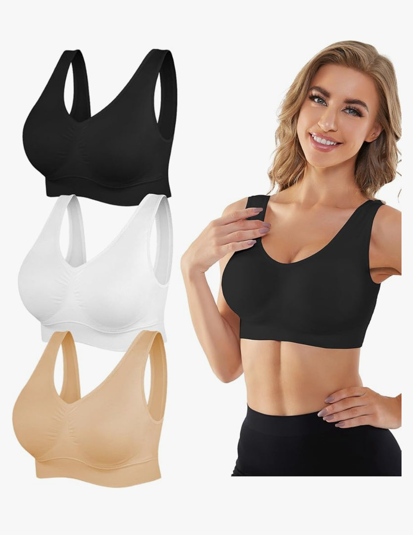 Womens Sports Bras, Wireless Comfortable Seamless Sleep Yoga Sports Bras for Women with Removable Pads, Pack of 3, XL