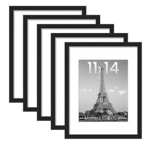 Upsimples 11x14 Picture Frame Set of 5, Display Pictures 8x10 with Mat or 11x14 Without Mat, Wall Gallery Photo Frames, Black