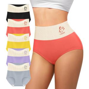 Women's Cotton Underwear High Waisted Tummy Control Soft Stretch Briefs Full Coverage Panties 5 Pack (L)