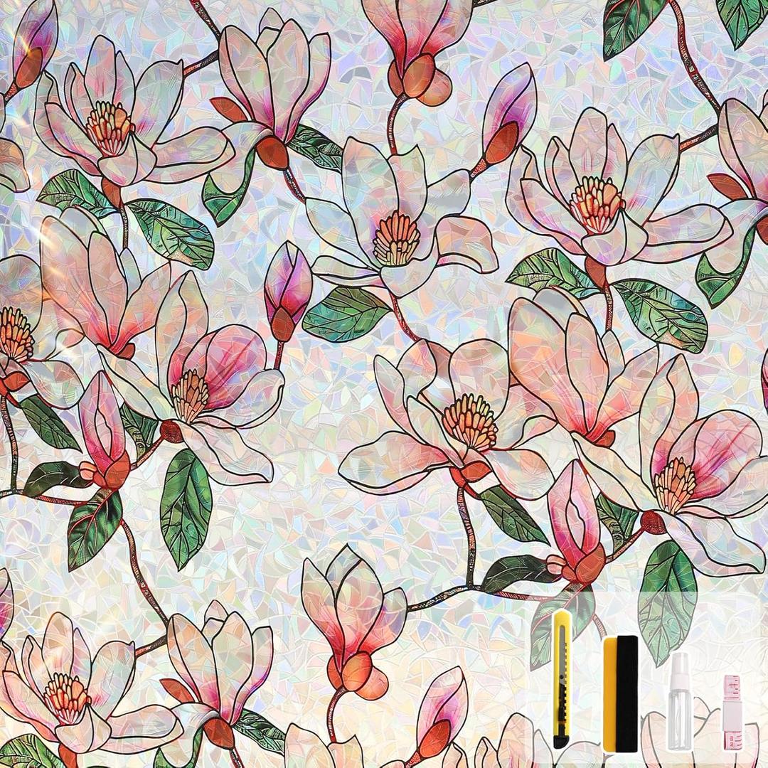 Kromapolis Window Privacy Film, Stained Glass Sticker Floral Window Clings, Decorative Static Clings UV Blocking Colorful Decals, Removable Vinyl Covering Rainbow Magnolia Flowers, 23.6'' x 78.7''