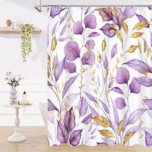 Litabel Purple Gold Plant Shower Curtain, Botanical Leaves on White Background Natural Curtain Set for Aesthetic Bathroom Waterproof Odorless Fabric 72x72 inches, Hooks Included