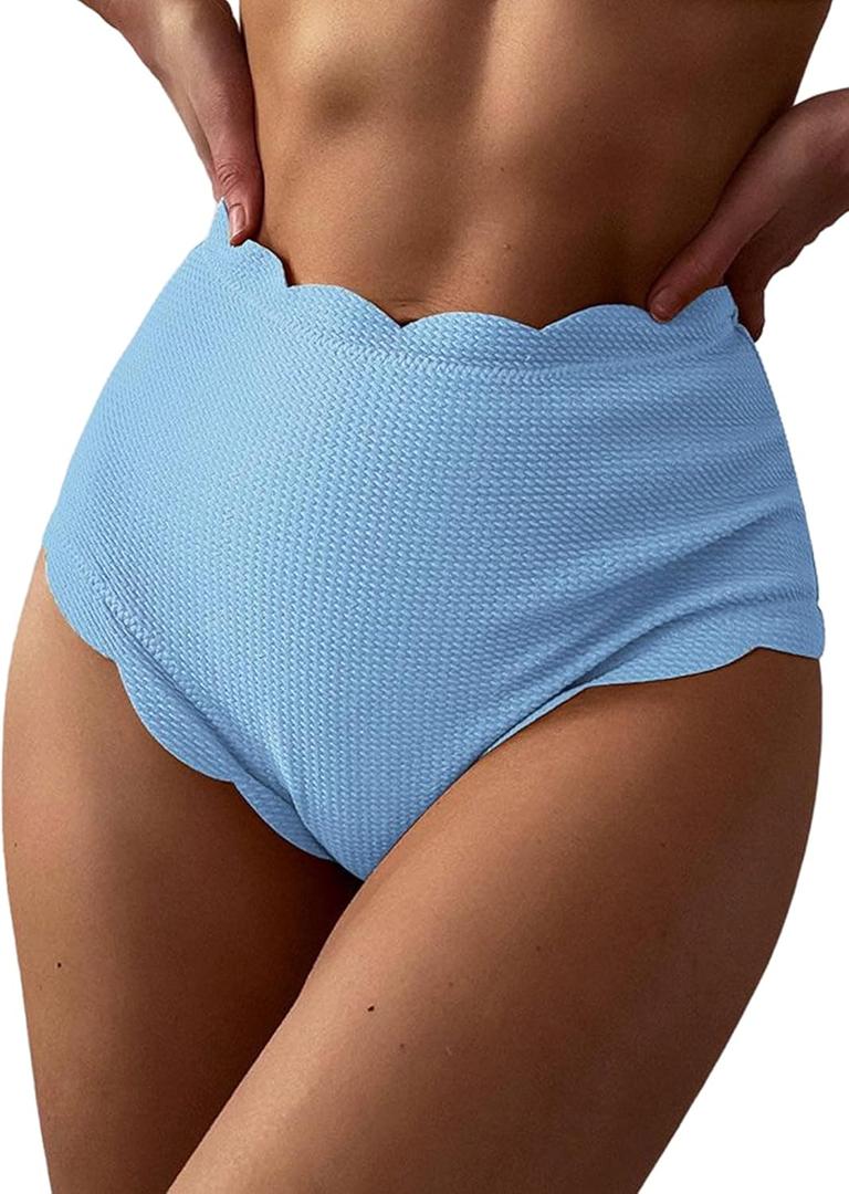 ZAFUL Women's Scalloped Swimsuits Textured Swimwear Wide Strap Top High Waisted Swimsuits Separate (Medium, Bottom Only:sky Blue)