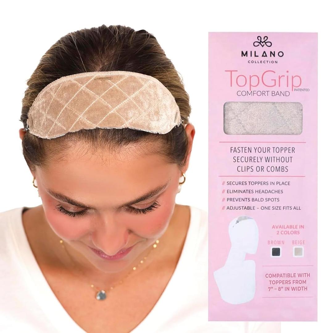 MILANO COLLECTION Glueless Top Grip for Hair Topper & Wiglets, Adjustable Translucent Strap with Side Openings, Top Headband for Your Wig or Topper, Includes Clips, Beige, Medium