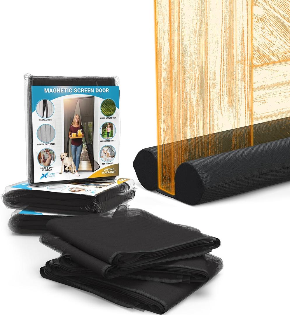 Flux Phenom Magnetic Screen Door and Everlasting Comfort Door Draft Stopper- Keep Nature Out - Drafts, Noise, Lights Blocked