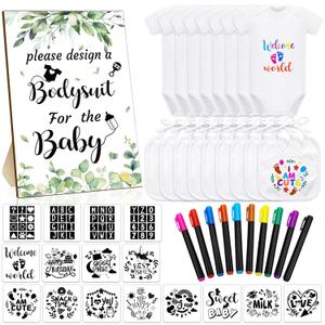 Chuarry 43 Pcs DIY Baby Bibs Decorating Kit 8 Bodysuits 8 Pcs 2 Ply White Bibs 10 Fabric Markers 16 Stencils Baby Shower Sign (Greenery)