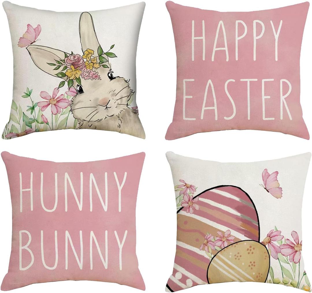 Happy Easter Throw Pillow Covers 18x18 Set of 4, Pink Pillow Cases for Sofa, Spring Eggs Bunny Decorative Pillow Covers, Easter Polyester Linen Cushion Covers for Couch Sofa Outdoor Patio Decor