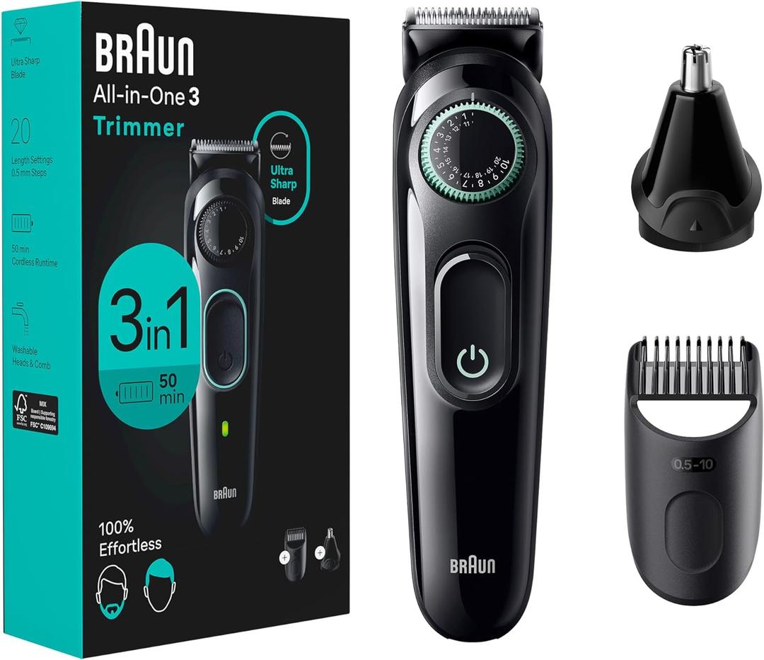 Braun All-In-One Style Kit Series 3 3430, 3-in-1 Trimmer for Men with Beard Trimmer, Ear & Nose Trimmer, Hair Clippers, Ultra-Sharp Blade, 20 Length Settings, Washable (5 Piece Set, Black)